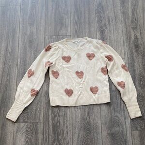 Splendid - Cream Crewneck Sweater with Light Pink Heart Details - Size XS